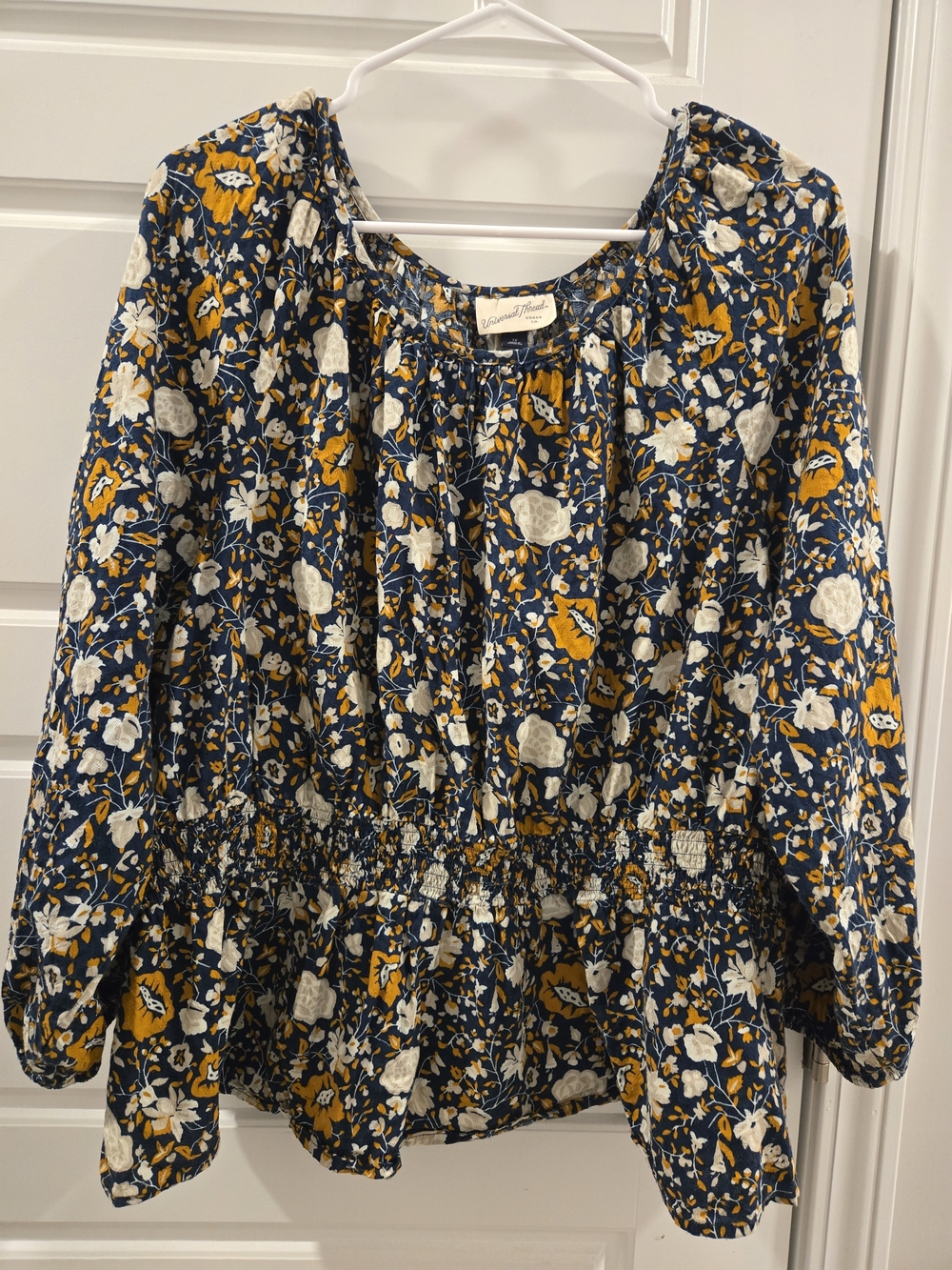 Universal Thread Navy Floral Peasant Blouse with Mustard and Cream Accents